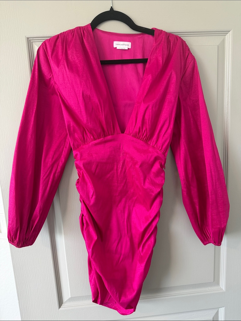 Lovers + Friends Hot Pink Ruched Deep V Mini Dress